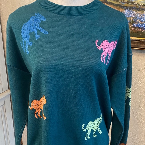 Entro Teal Sweater with Multicolor Animal Design - Picture 5 of 5
